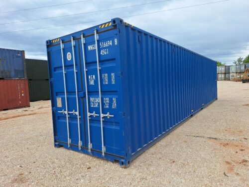 Blue 40ft shipping container positioned on a storage yard ready for transport or long-term cargo storage
