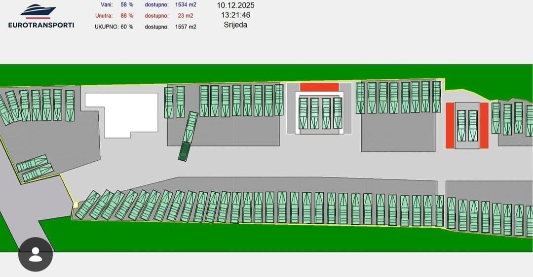 Schematic top-view layout of Eurotransporti dry marina showing boat storage positions, occupancy information, and yard organization.